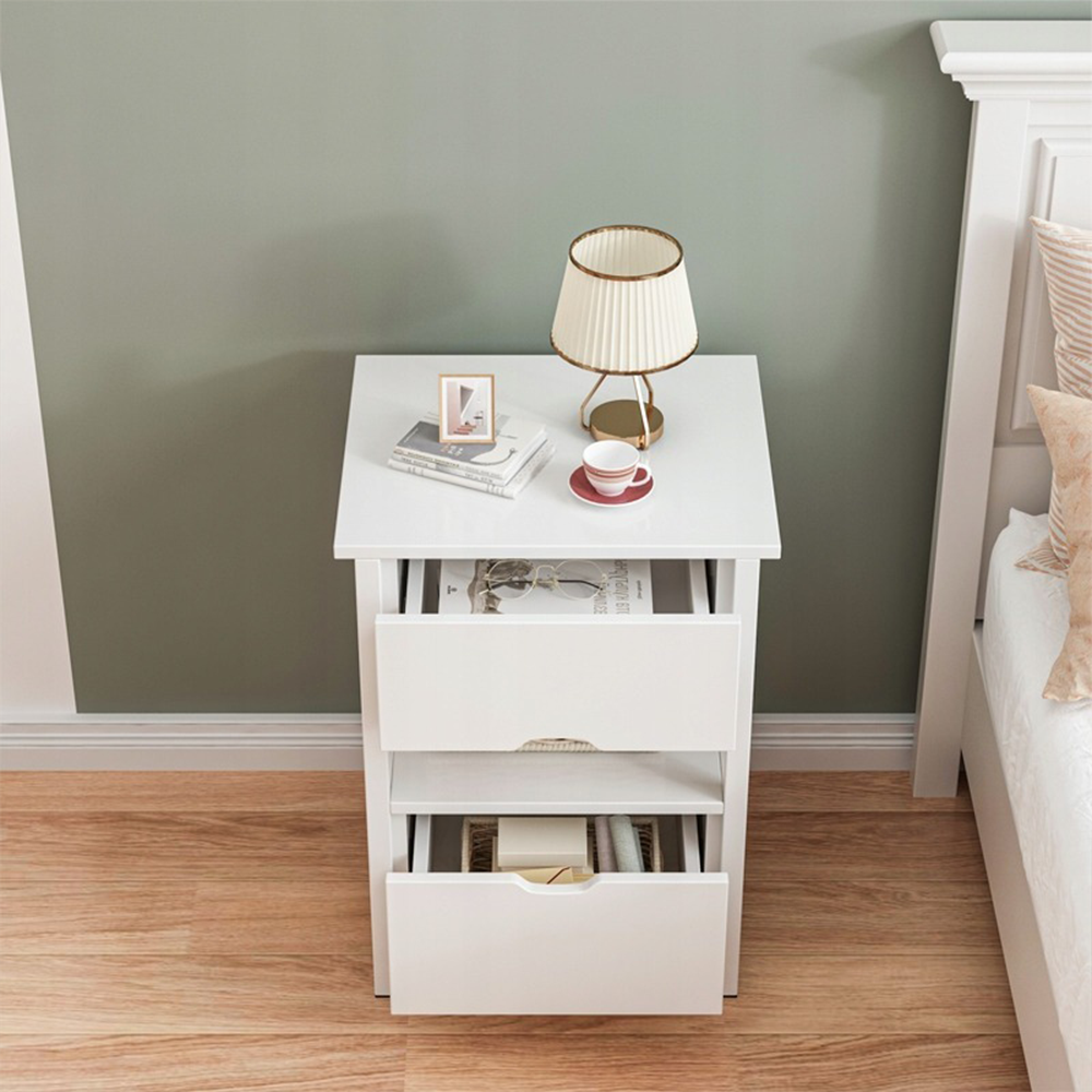 Biały stolik nocny z 2 szufladami – 45×38×55 cm – nowoczesny styl loftowy / skandynawski