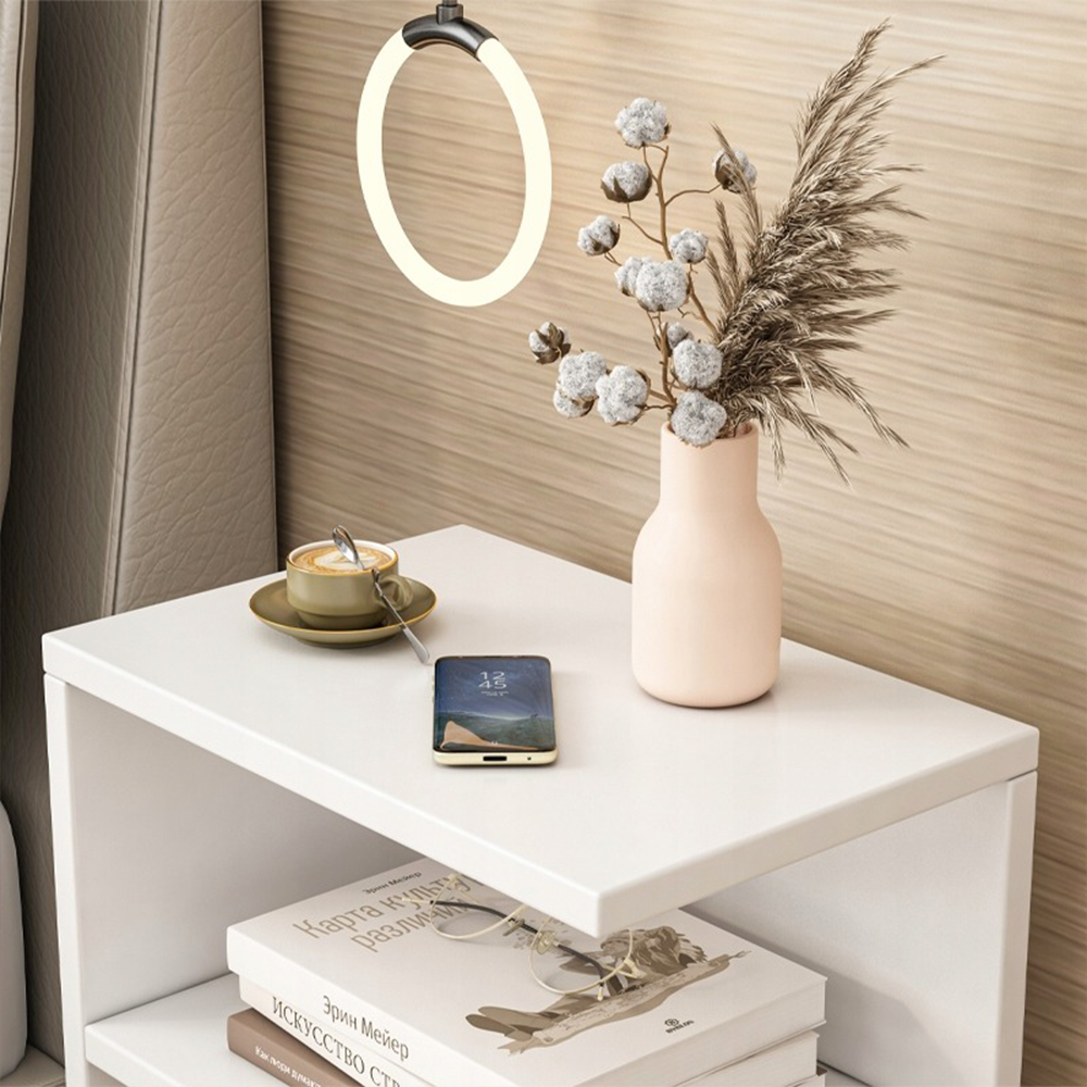 Nowoczesna szafka nocna w kolorze białym – 30 x 20 x 50 cm, z szufladą i otwartą półką, montaż po prawej/lewej stronie