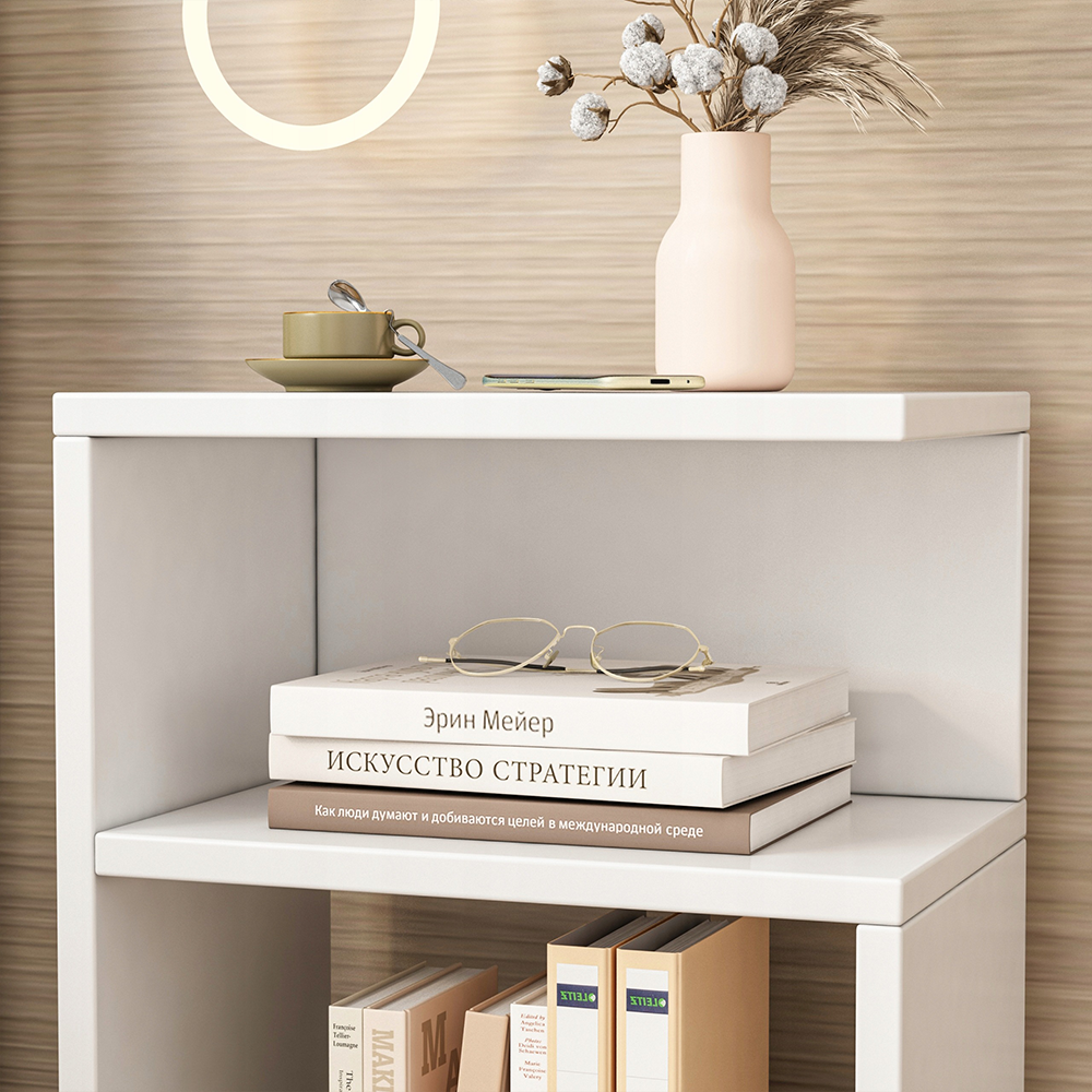 Nowoczesna szafka nocna w kolorze białym – 30 x 20 x 50 cm, z szufladą i otwartą półką, montaż po prawej/lewej stronie