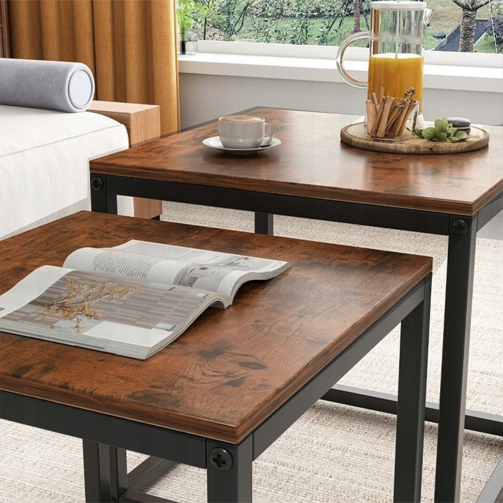 Zestaw 2 stolików kawowych w stylu rustykalnym loftowym – 50x50 cm i 45x45 cm – nowoczesny design industrialny