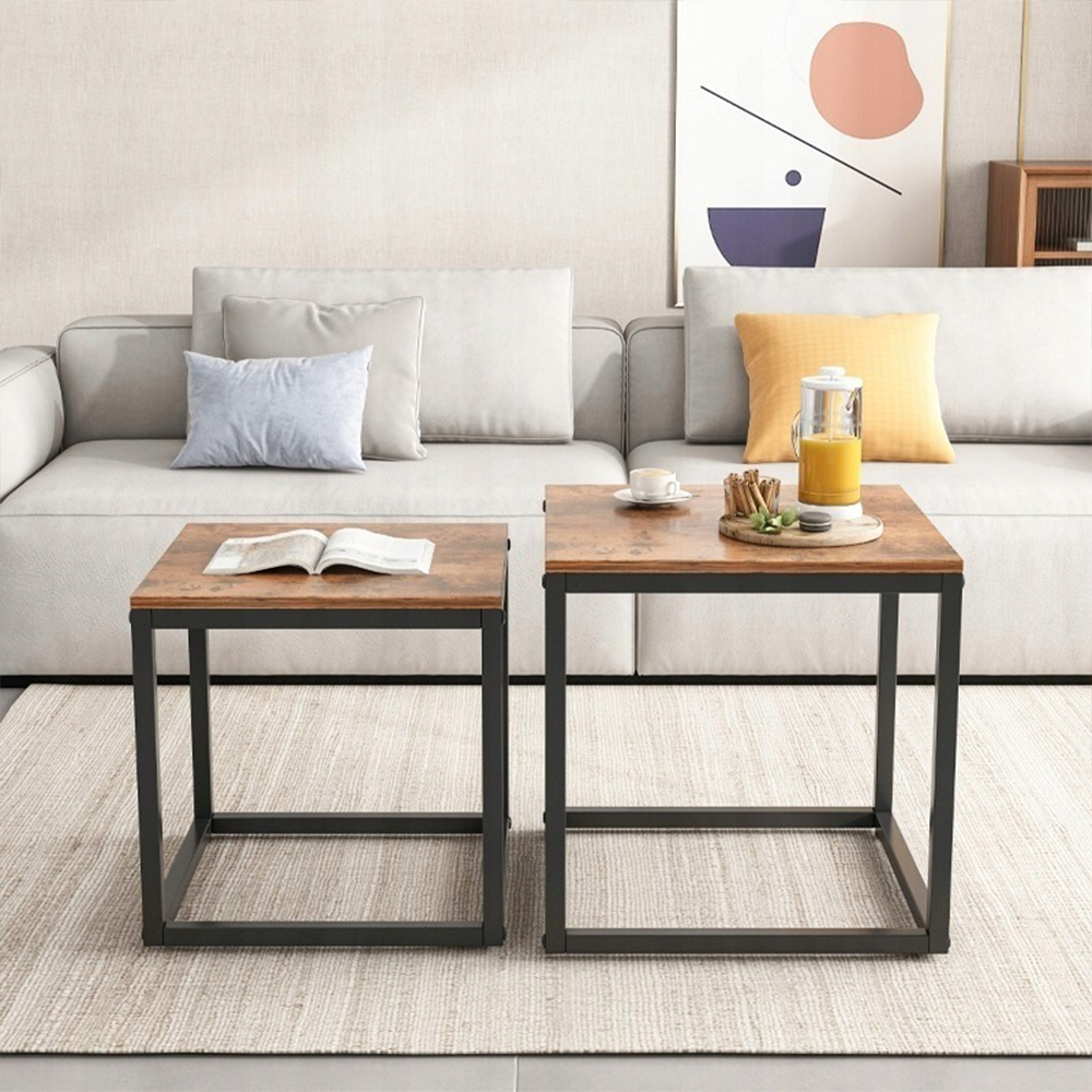 Zestaw 2 stolików kawowych w stylu rustykalnym loftowym – 50x50 cm i 45x45 cm – nowoczesny design industrialny