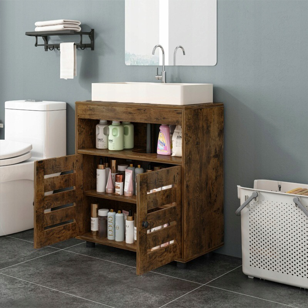 Szafka łazienkowa - 60 cm, brązowa rustykalna, z półkami i drzwiami
