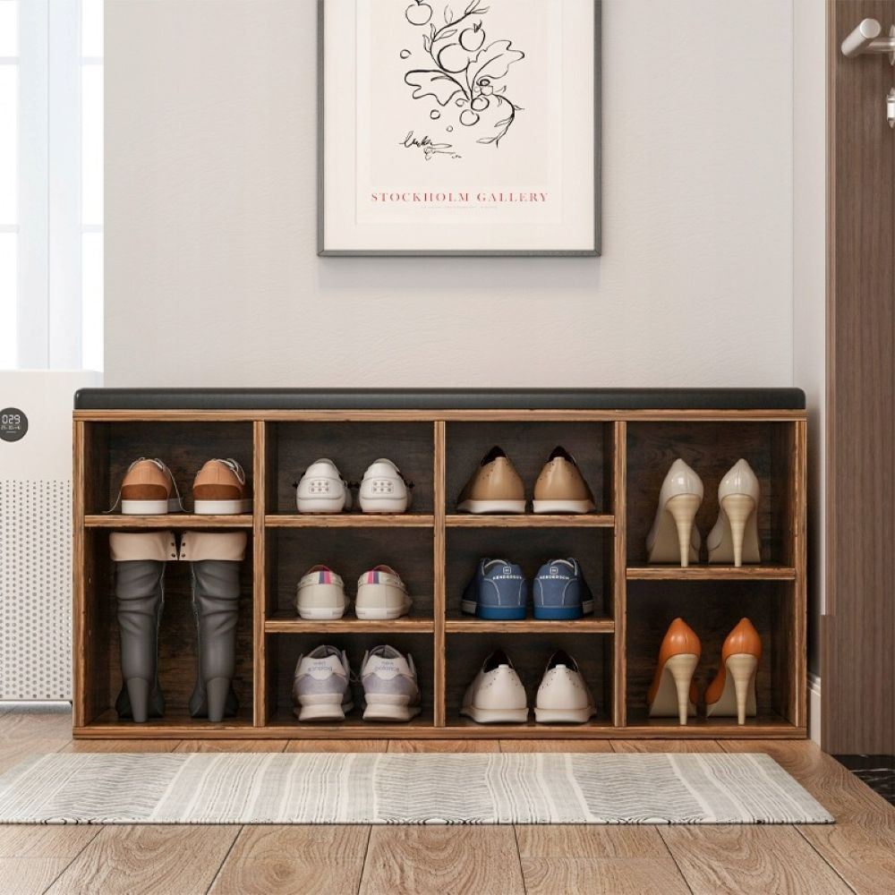 Ławka do przedpokoju z siedziskiem i półką do przechowywania, brązowa rustykalna, 104x30x48 cm – kompaktowy design MDF