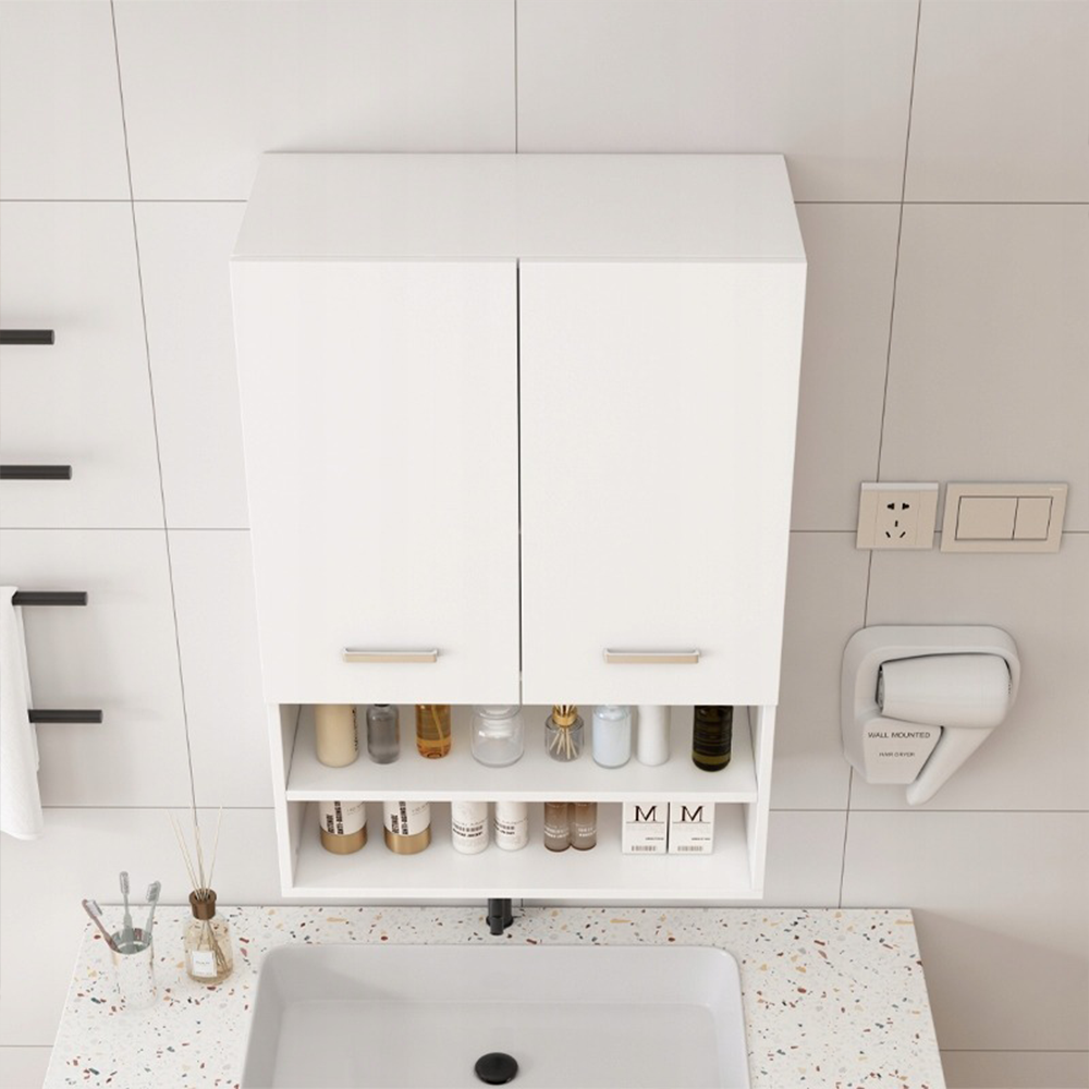 Biała wisząca szafka łazienkowa 64 x 90 x 30 cm - z półkami, w stylu loft, idealna nad pralkę