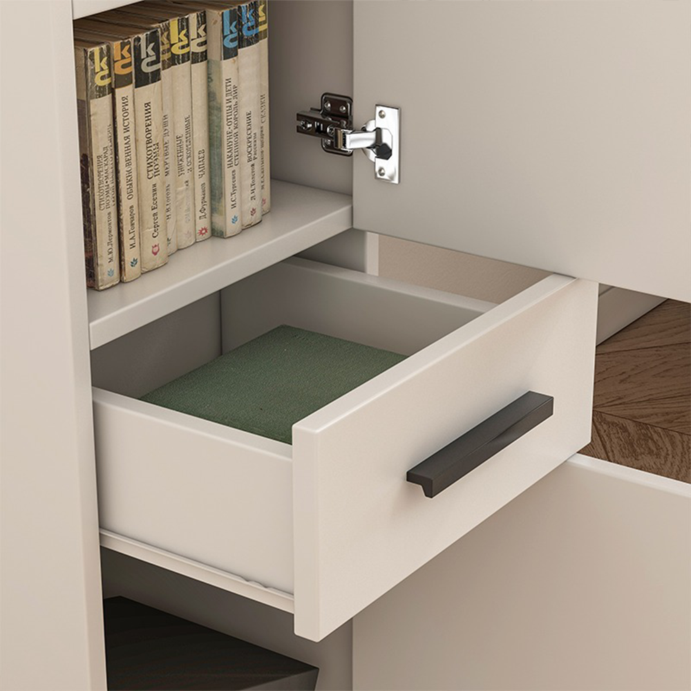 Biała szafka biurowa w stylu loftowym z 2 półkami i szufladą – 85x30x30 cm