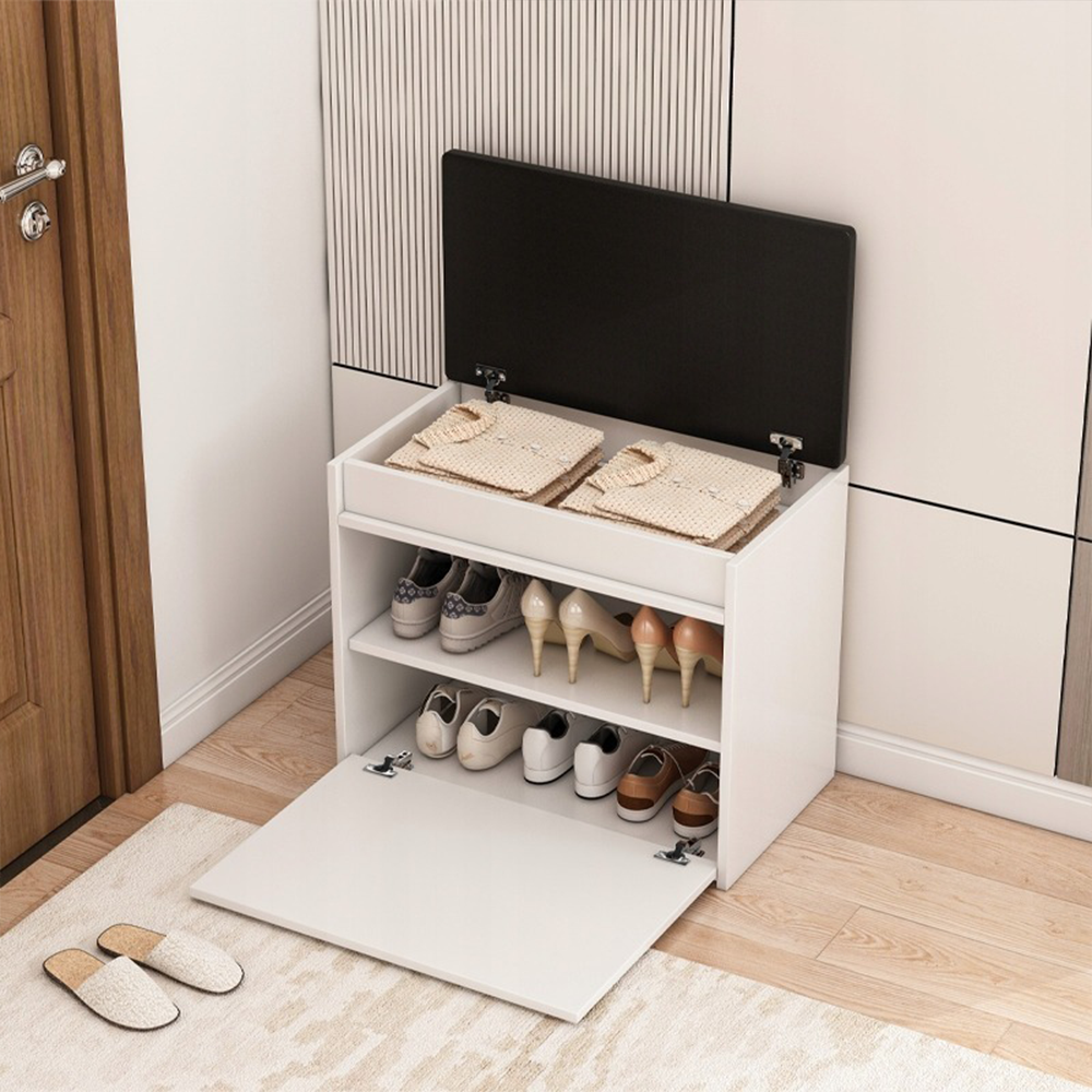 Biała szafka na buty z ławką – 60×49×35 cm – ławka z miejscem do przechowywania