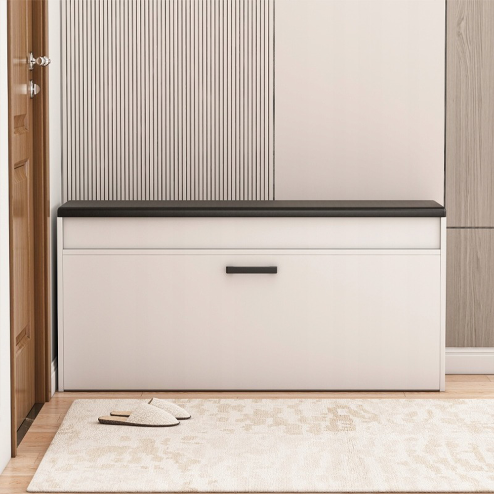 Biała szafka na buty z wyściełaną ławką i schowkiem – 100 x 49 x 35 cm