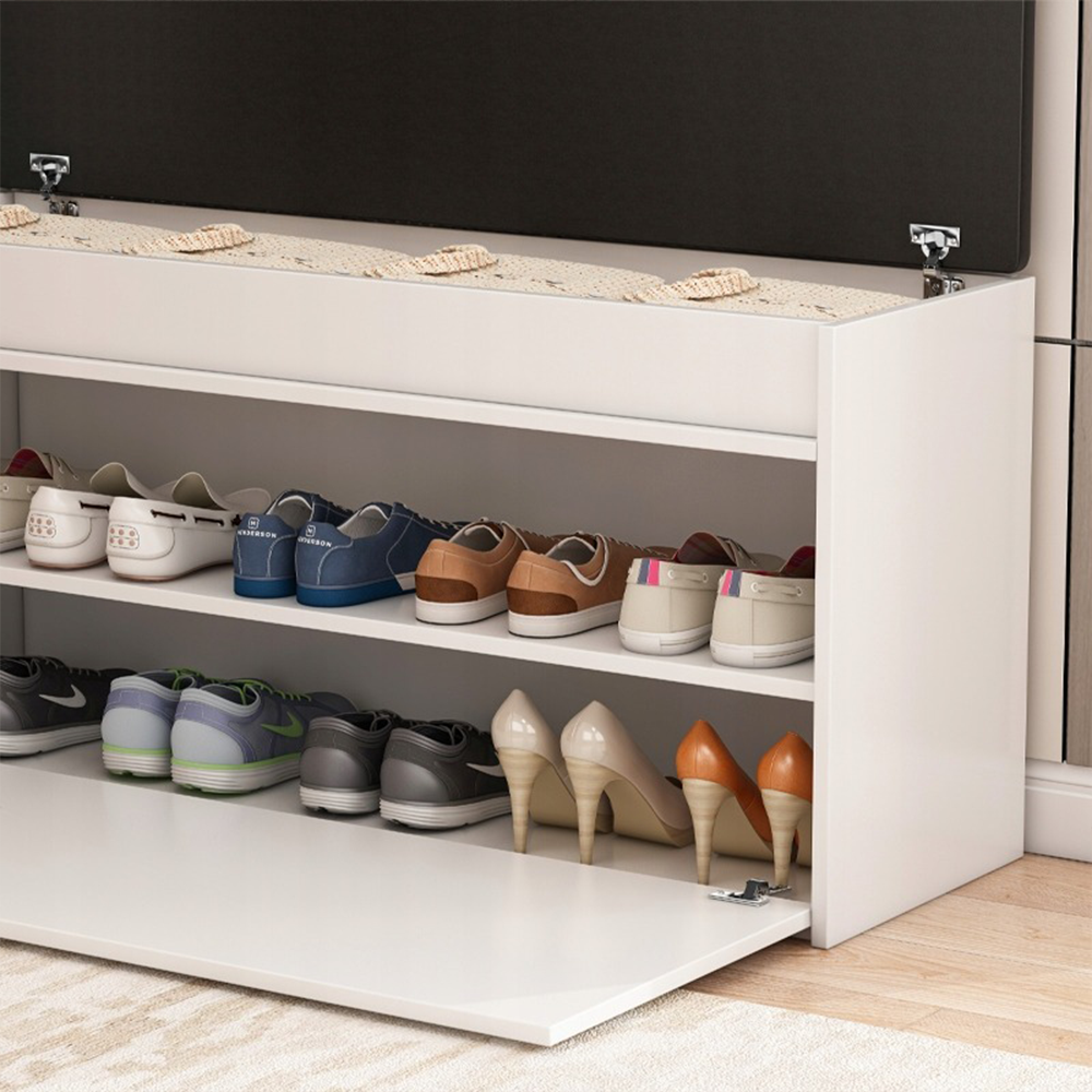 Biała szafka na buty z wyściełaną ławką i schowkiem – 100 x 49 x 35 cm