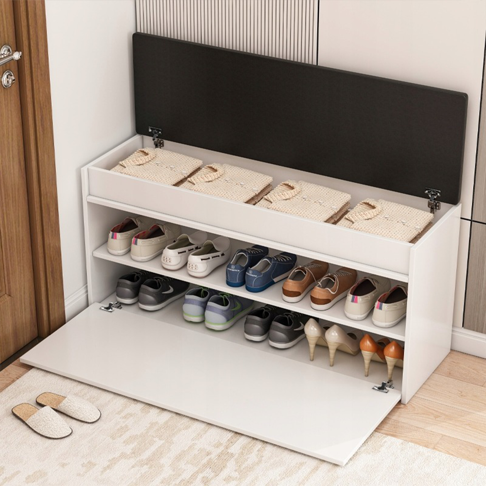 Biała szafka na buty z wyściełaną ławką i schowkiem – 100 x 49 x 35 cm