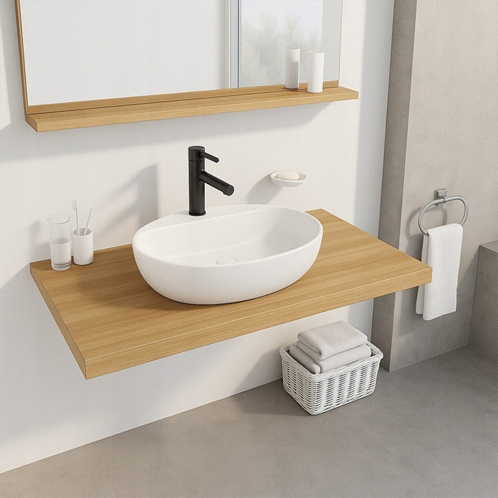 Owalna umywalka z błyszczącej białej ceramiki do montażu na blacie – 50 x 38 cm, z otworem na baterię