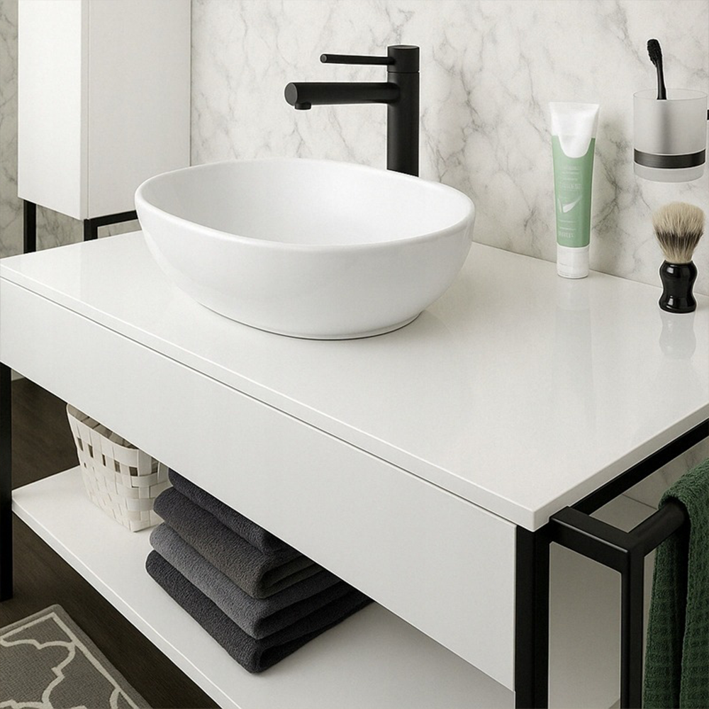 Umywalka ceramiczna, biała błyszcząca - 49x35 cm, nowoczesny design, owalny kształt