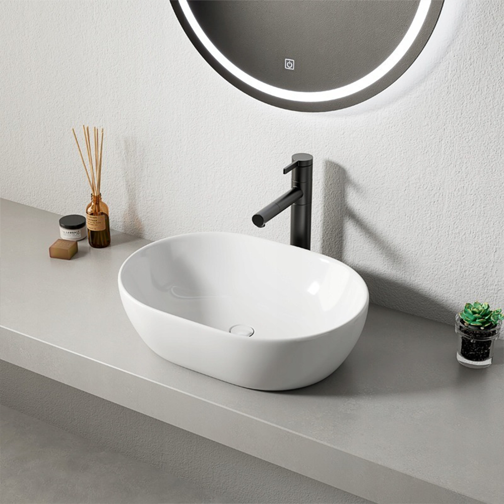 Umywalka ceramiczna, biała błyszcząca - 49x35 cm, nowoczesny design, owalny kształt