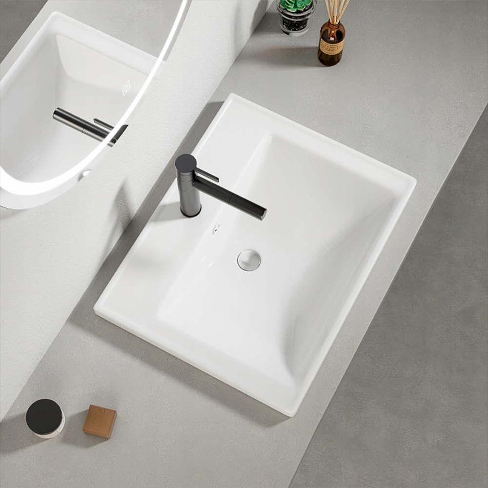 Biała ceramiczna umywalka 52x41 cm – prostokątna, wpuszczana w blat roboczy