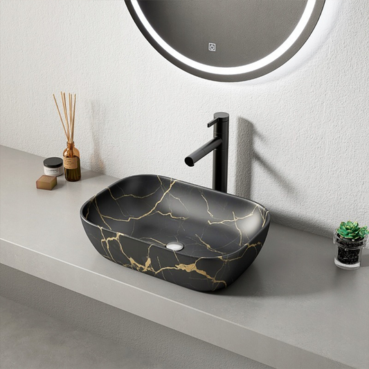 Umywalka z ceramicznym blatem – czarny matowy, efekt marmuru, 46,5 x 33 cm, nowoczesny design