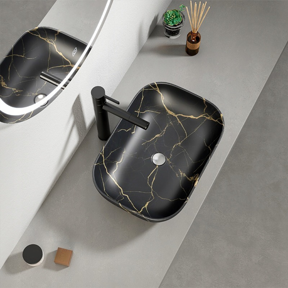 Umywalka z ceramicznym blatem – czarny matowy, efekt marmuru, 46,5 x 33 cm, nowoczesny design