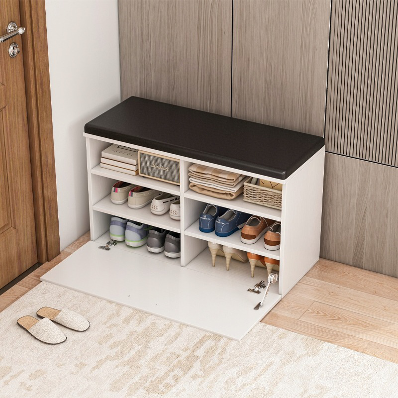 Biała szafka na buty z siedziskiem i schowkiem