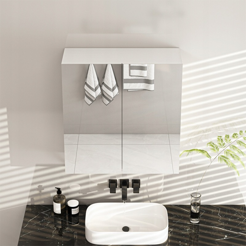 Szafka łazienkowa z lustrem ściennym 60x60x22 cm – 2 drzwi, biała, nowoczesny design