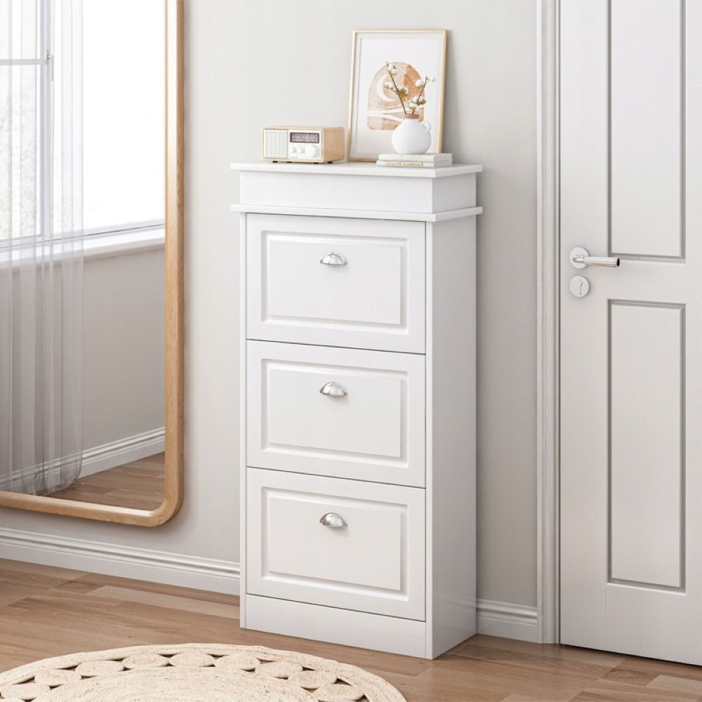 Biała szafka na buty w stylu skandynawskim z 3 drzwiami – 52x117x23 cm, MDF