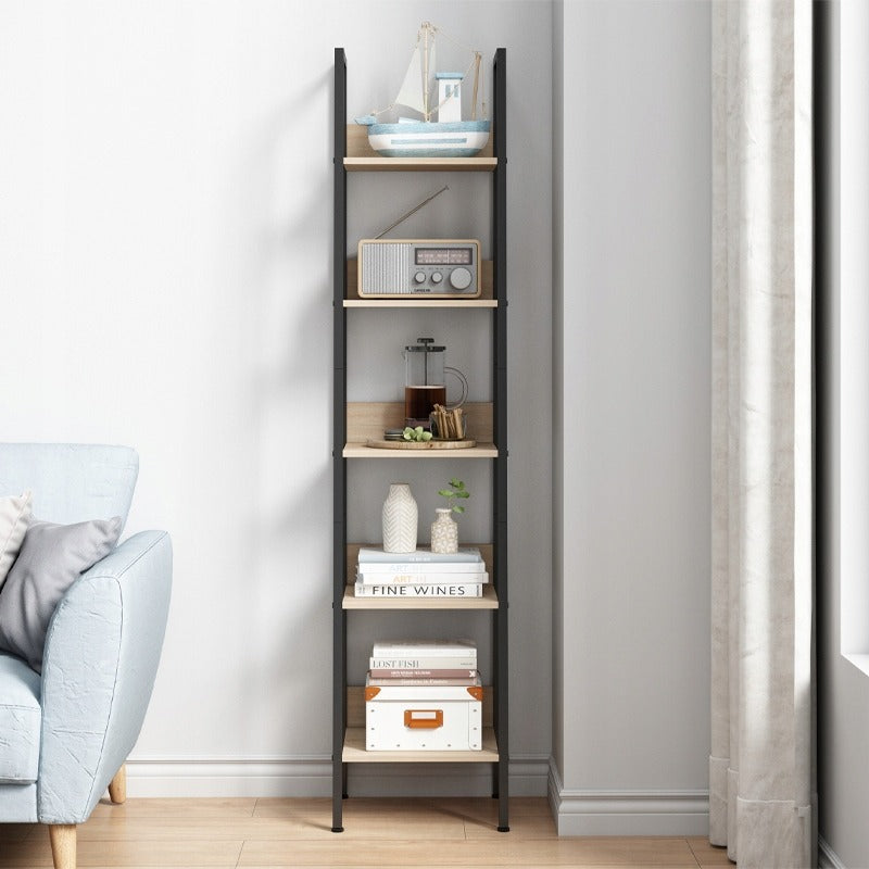 Industrialny wysoki regał stojący jasny brąz 5 półek drabinka na książki