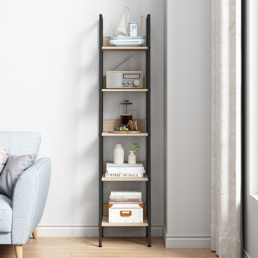 Industrialny wysoki regał stojący jasny brąz 5 półek drabinka na książki