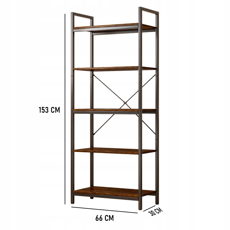 Biblioteka industrialna w stylu loftowym – 66 x 30 x 153 cm, rustykalne MDF i metalowa rama