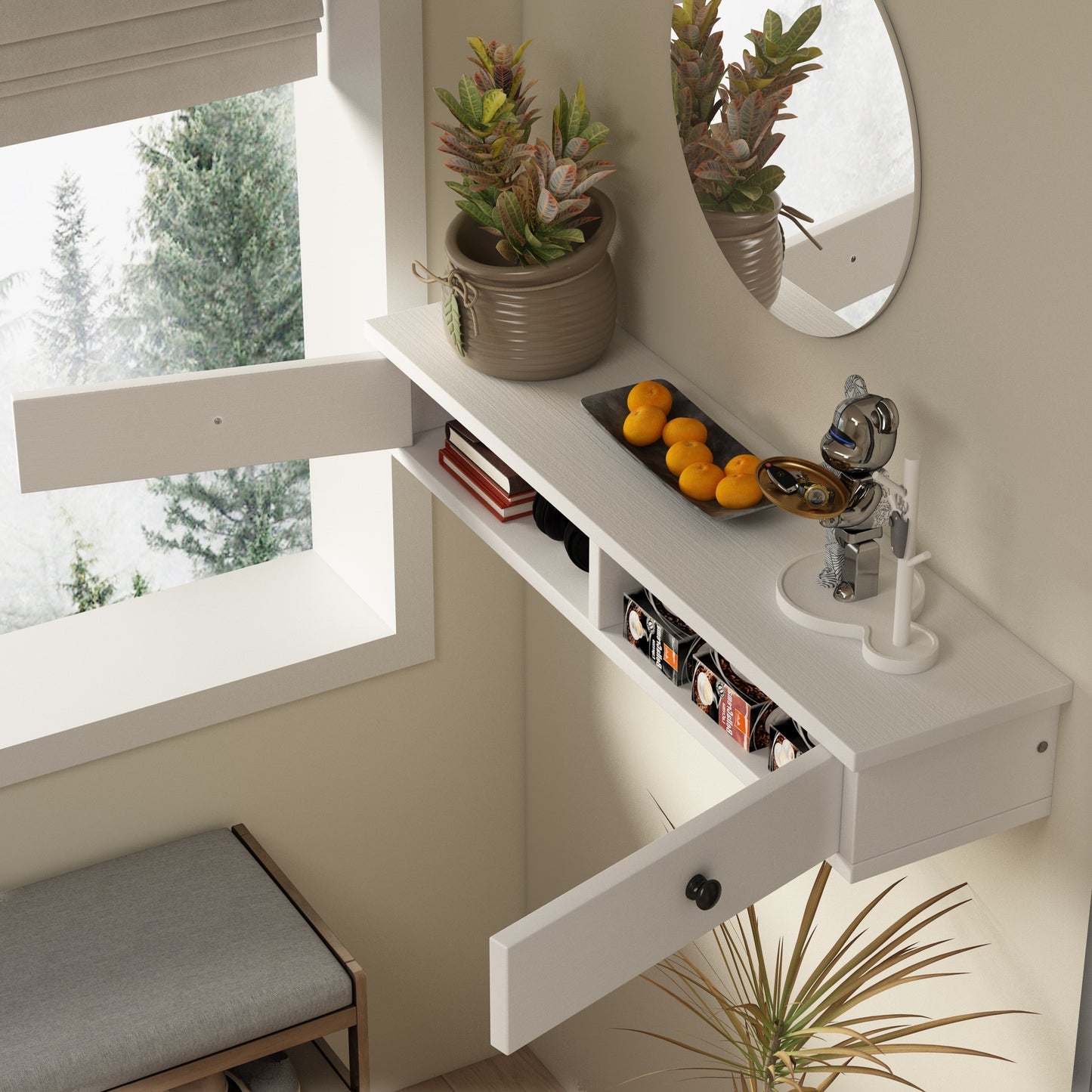 Półka wisząca biała nowoczesna loft sypialnia ścienna 64 cm