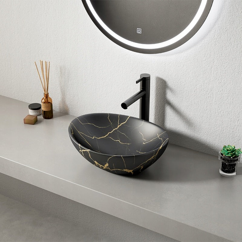 Umywalka, czarna matowa marmurowa owalna ceramiczna 41x34,5 cm