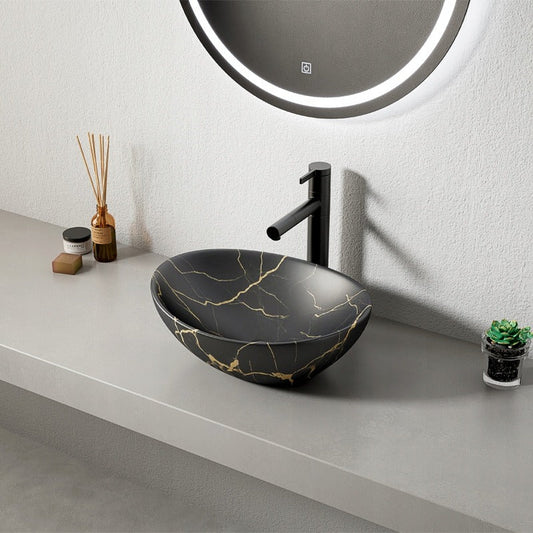 Umywalka, czarna matowa marmurowa owalna ceramiczna 41x34,5 cm