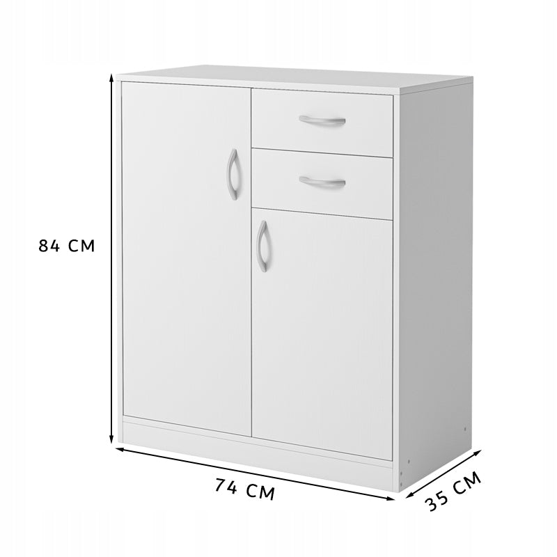 Nowoczesna komoda z szufladami i półkami w stylu loftowym, biała szafka z drzwiami 74 cm