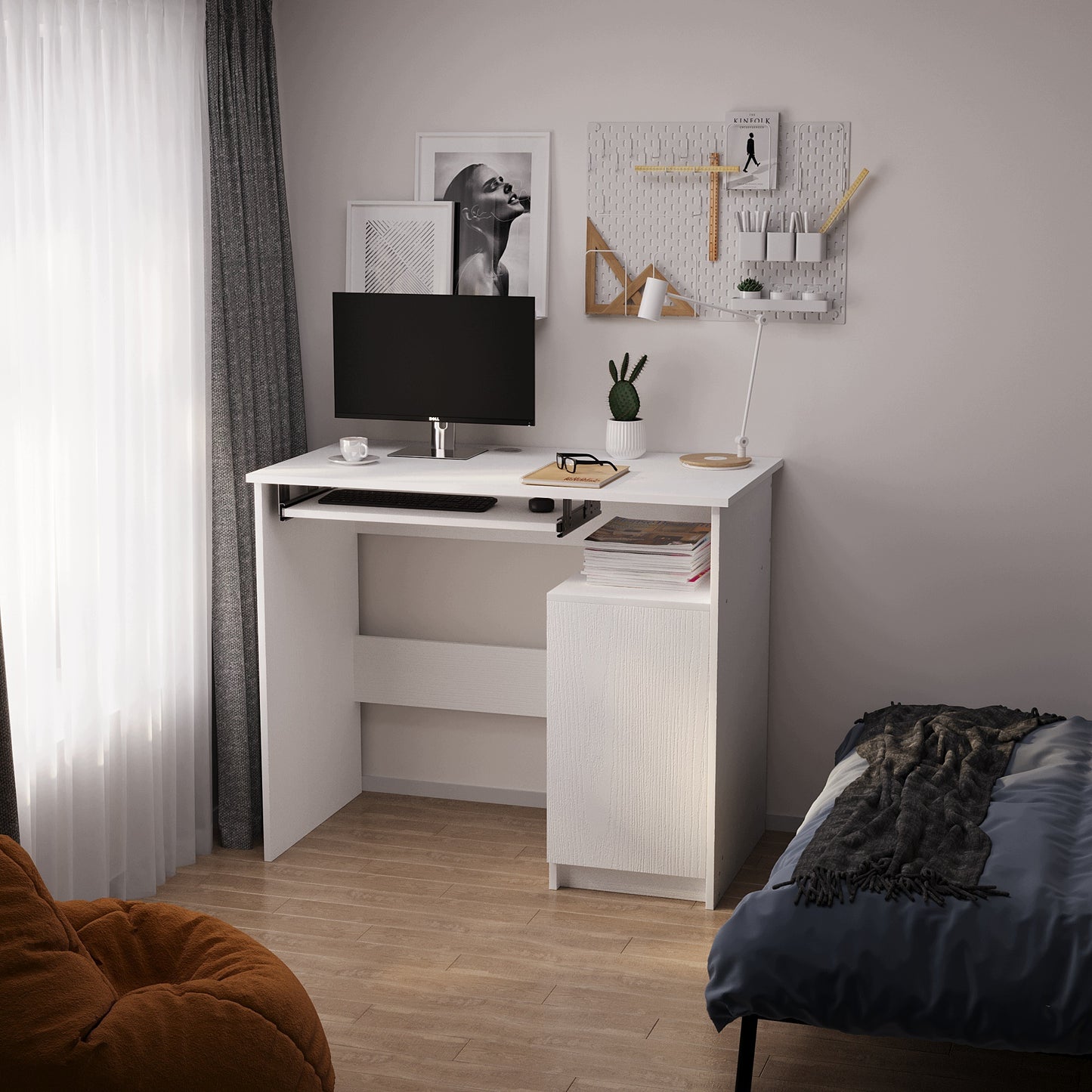 Biurko komputerowe z półką białe z szafką - 90 cm