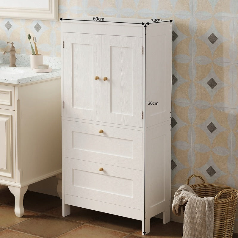 Regał łazienkowy / szafka wolnostojąca – biała – 120 cm – 2 szuflady + drzwiczki – styl loft