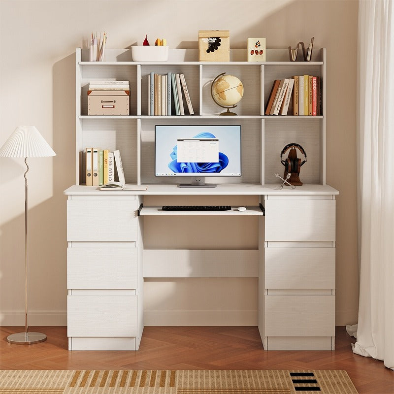 Biurko nowoczesne z nadstawką białe 6 szuflad półki do biura pokoju pracy