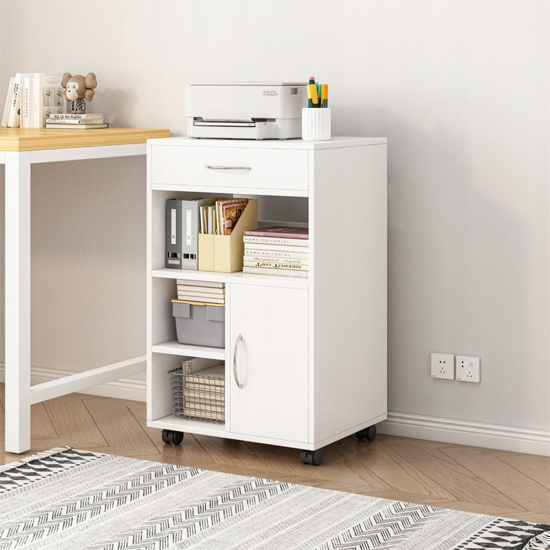 Biała szafka biurowa z półkami i szufladą – 50 x 40 x 75 cm – miejsce do przechowywania pod drukarką