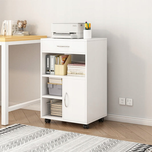 Biała szafka biurowa z półkami i szufladą – 50 x 40 x 75 cm – miejsce do przechowywania pod drukarką