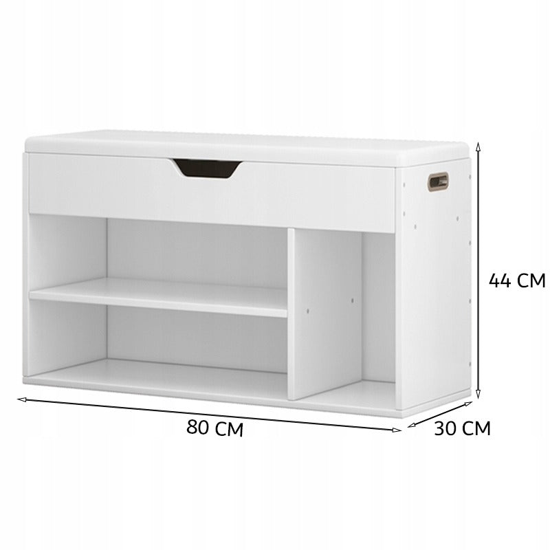 Biała szafka na buty z drewnianym siedziskiem i schowkiem 80 cm