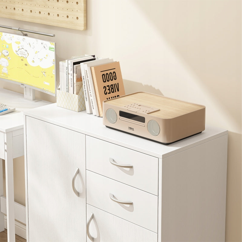 Nowoczesna komoda z szufladami i półkami w stylu loftowym, biała szafka z drzwiami 74 cm