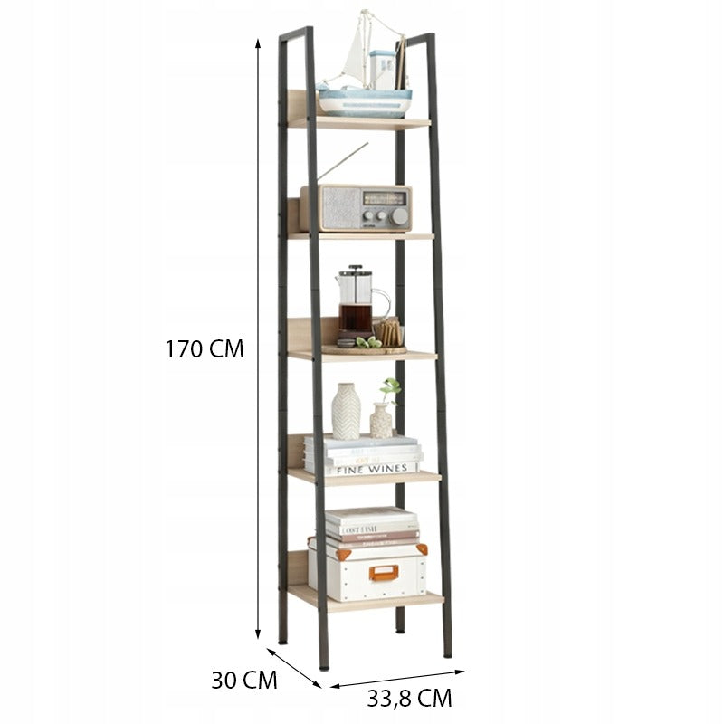 Industrialny wysoki regał stojący jasny brąz 5 półek drabinka na książki