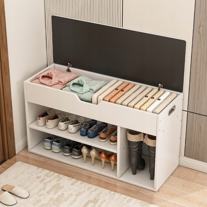 Biała szafka na buty z drewnianym siedziskiem i schowkiem 80 cm