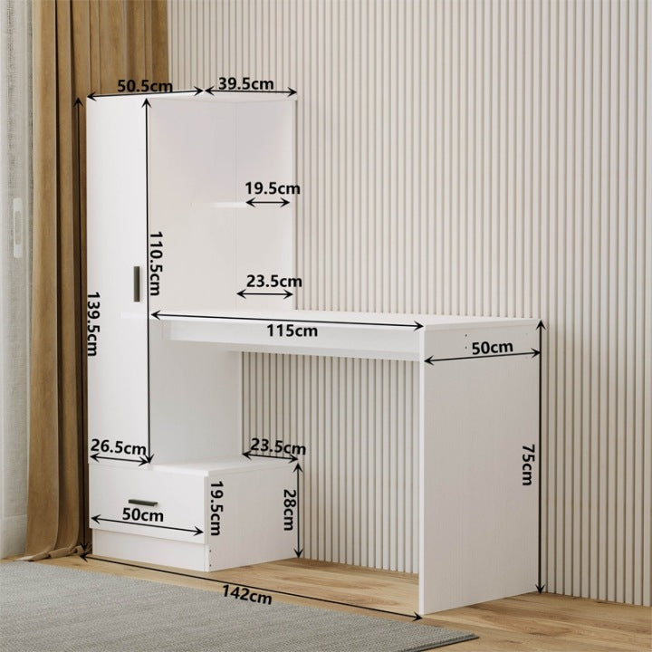 Biurko Komputerowe z Regałem 142 cm – Białe Loft do Biura i Pokoju