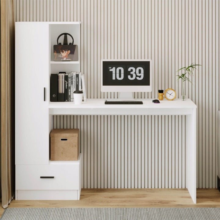 Biurko Komputerowe z Regałem 142 cm – Białe Loft do Biura i Pokoju