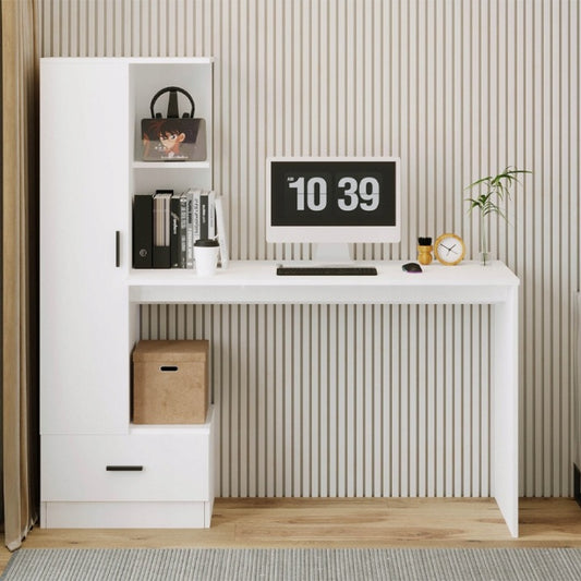 Biurko Komputerowe z Regałem 142 cm – Białe Loft do Biura i Pokoju