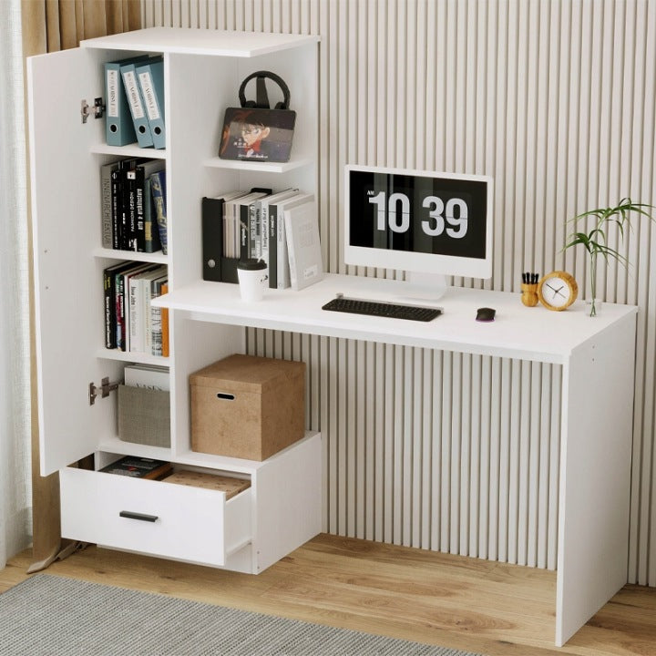 Biurko Komputerowe z Regałem 142 cm – Białe Loft do Biura i Pokoju