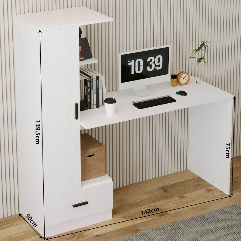 Biurko Komputerowe z Regałem 142 cm – Białe Loft do Biura i Pokoju