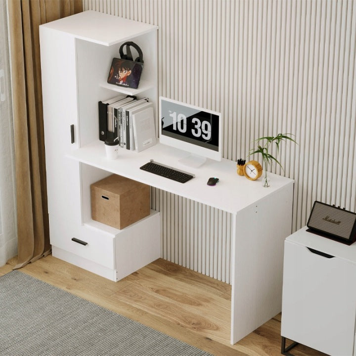 Biurko Komputerowe z Regałem 142 cm – Białe Loft do Biura i Pokoju