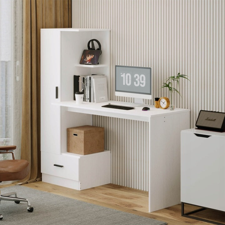 Biurko Komputerowe z Regałem 142 cm – Białe Loft do Biura i Pokoju