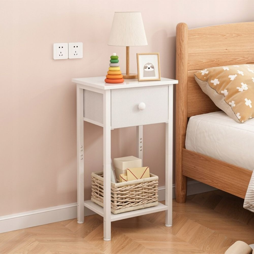 Biała szafka nocna 38x61x28 cm – styl skandynawski z szufladą i półką, MDF