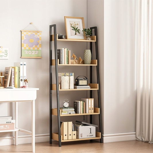 Regał schodkowy 158x63x30 cm – styl loftowy, jasny dąb i czerń, 5 półek