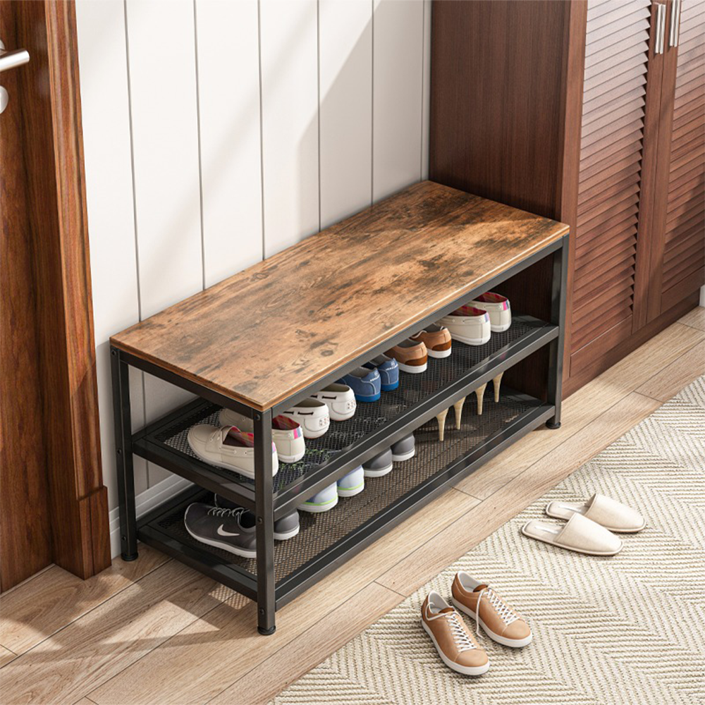 Szafka na buty z siedziskiem 73x45x30 cm – styl industrialny Loft, metal + MDF, brązowy rustykalny