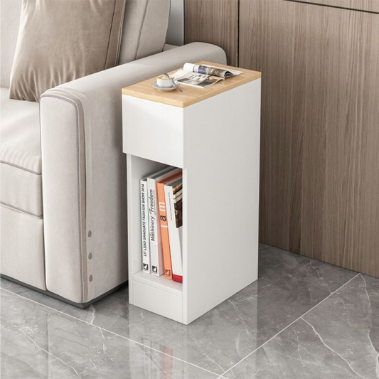 Biała szafka nocna z szufladą i półką – 60 x 20 x 33 cm, styl loftowy, jasny dąb