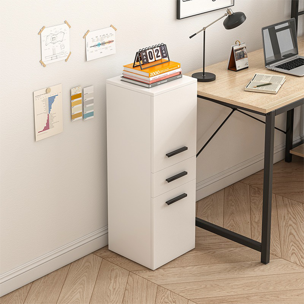 Biała szafka biurowa w stylu loftowym z 2 półkami i szufladą – 85x30x30 cm